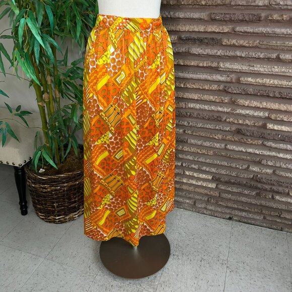 Vintage 60s 70s Pop Art Orange Yellow Geometric Nylon Maxi Skirt - Picture 7 of 7